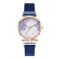 Elegant women's quartz watch with rose gold case, blue mesh strap and leaf pattern dial - Blue