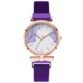 Elegant ladies quartz watch with purple magnetic strap and leaf pattern dial detail - Purple