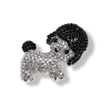 Detailed view of dog brooch with black and white crystals on silver metal base - Poodle