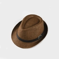 Detailed close-up of a brown straw fedora hat featuring a black band and silver metal buckle - 54cm / Coffee