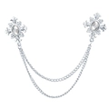 Silver collar pin with rhinestone cross floral design and double dangling chains - Silver / White Zirconia