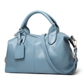 Elegant blue lychee pattern leather Boston handbag with detachable shoulder strap - Blue