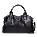 Classic black lychee pattern leather Boston handbag with gold hardware on white background - Black