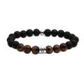 Detailed macro view of 8mm matte onyx and natural tiger eye beads on an elastic bracelet - Leo