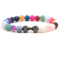 Colorful weathered agate bead bracelet with a metallic dumbbell charm on white background - Black Dumbbell