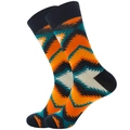 Mid-calf cotton socks featuring orange and teal bohemian geometric wave patterns - Tiger Stripe