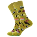 Mid-calf socks in mustard yellow featuring creative sushi and chopstick patterns - Green Sushi