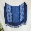 Tie-dye indigo cotton scarf featuring geometric star patterns and handmade fringe trim - Indigo Star & Wave (2020-1-14)