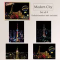 Set of 4 night view city scratch art postcards featuring iconic landmarks and stylus tool - Modern City Series