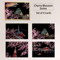 Set of 4 Japanese cherry blossom city landscape scratch art postcards with bamboo tool - Cherry Blossom Series