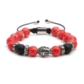 Bracciale da uomo regolabile con perline in marmo rosso, nere opache e ciondolo a testa di Buddha - Pietra dell'imperatore rosso acciaio