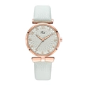 Detail of elegant rose gold bezel and white leather strap on a stylish quartz watch - Sky Blue