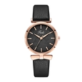 Fashion women quartz watch with black leather strap and rose gold leaf pattern dial - Black