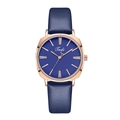 Detail of rose gold case with navy blue leather strap and crystal indices on Tadi watch - Blue