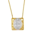 Hammered gold square pendant necklace with silver Saint Benedict medal on box chain - Copper Plated 18K Gold / Saint Benedict Medal Relief - Style C