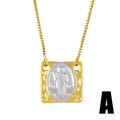 Golden box chain necklace featuring a square pendant with silver religious oval relief - Copper Plated 18K Gold / Virgin Mary Relief - Style A