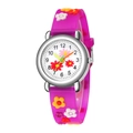 Detailed view of children's purple quartz watch with 3D embossed flowers and silver case - Purple