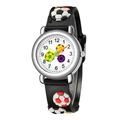 Detailed view of children's soccer watch with 3D embossed football silicone strap - Black