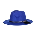 Royal blue wool fedora hat featuring a black leather band and decorative pompom charm - Sapphire Blue