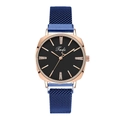Close-up of rose gold watch with black dial, rhinestone markers, and blue Milanese band - Blue