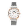 Détail du boîtier en or rose avec bracelet en maille argentée et cristaux sur montre quartz - Argent