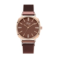 Detail of rose gold Tadi quartz watch with brown diamond dial and Milanese mesh band - Brown