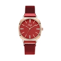Detail view of Tadi quartz watch with red dial, rose gold case and Milanese strap - Red