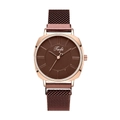 Detail of rose gold mesh strap and coffee dial quartz watch with metallic texture - Brown