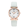 Detail einer Tadi Quarz-Uhr mit roségoldenem Gehäuse, weißem Zifferblatt und Strass - Himmelblau