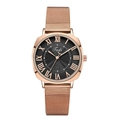 Detail of rose gold mesh watch with square case and black Roman numeral dial - Black