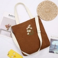 Brown corduroy daisy embroidered tote bag with adjustable shoulder strap and pocket - Brown