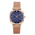 Detail of rose gold mesh band quartz watch with blue sunburst dial and wave texture - Blue