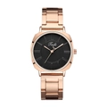 Macro detail of rose gold quartz watch featuring a black dial and sleek metallic link band - Black