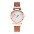Detail of rose gold mesh strap and white watch face with delicate leaf textures - Pink