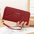 Deep red quilted PU leather long wallet for women with wrist strap and zipper closure - Wine Red