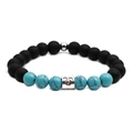Detail van 8mm matzwarte en turquoise kralen met Leeuw sterrenbeeld op de armband - Leeuw