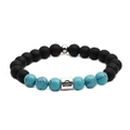 Close-up of Libra zodiac charm on 8mm black matte and turquoise beaded bracelet - Libra
