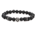 Men's volcanic lava stone beaded bracelet with a silver lion head charm and metal spacers - Steel