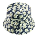 Close-up of small white daisy print on dark blue cotton reversible bucket sun hat - Adjustable 58cm / Small White Flower