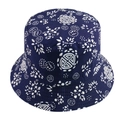 Close-up of navy blue bucket hat with traditional white floral print patterns - Adjustable 58cm / Navy Graffiti