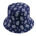 Close-up view of the white floral print on a navy blue foldable cotton bucket hat - Adjustable 58cm / Navy Floral