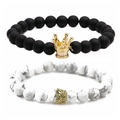Set di due braccialetti con perline corona in nero opaco e pietre di marmo bianco - Nero Opaco Turchese Bianco Corona Dorata