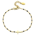 Close-up of golden stainless steel cross bracelet with small black beads and S.steel tag - Black
