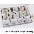 Gray velvet 12-slot jewelry tray with removable pillows for watches and bracelets - 12 Slots Ice Velvet Grey