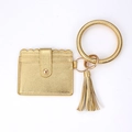 Litchi pattern golden faux leather keychain bracelet with tassel and card holder wallet - Gold Yellow