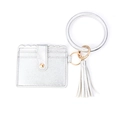 Silver glitter PU leather card holder keychain with tassel and ring accessory - Silver