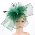 Elegant dark green fascinator hat with layered mesh and delicate feather accents - Green