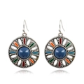 Bohemian vintage round drop earrings with blue center gem and multicolor enamel patterns - Round Flower Wheel / Antique Silver Ink Blue