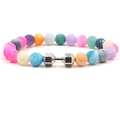 Colorful weathered agate stone bead bracelet featuring a silver metallic dumbbell charm - Silver Tone Dumbbell