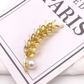 Elegant wheat stalk brooch with yellow marquise gems and a white pearl on golden base - Gold Wheat Ear